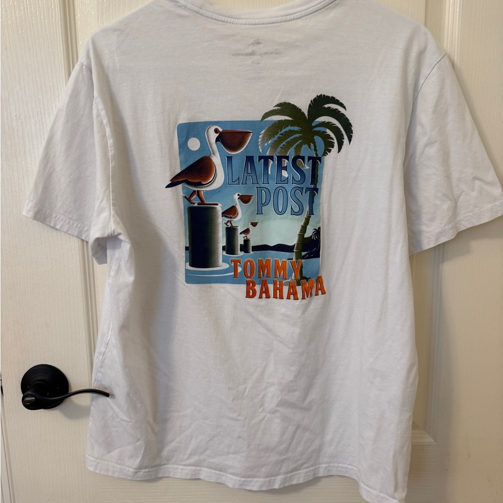 Tommy Bahama White Tee with Pelican and Palm Design